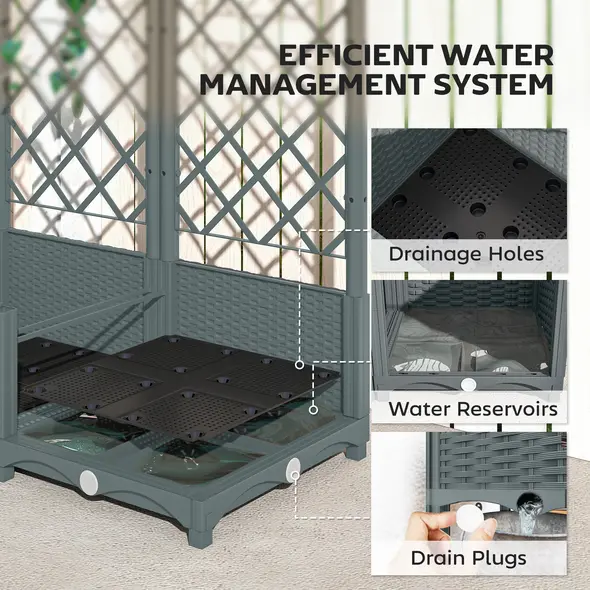 Outsunny Raised Garden Bed with Trellis, Plastic Planter Box with Drainage Holes, Drain Plugs and Water Reservoirs for Climbing Plants, Vegetables, Flowers, Grey - 6