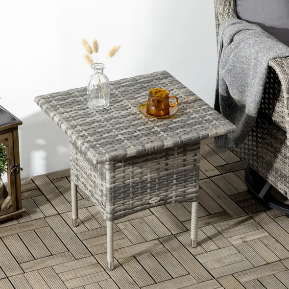 Outsunny Rattan Side Table, Outdoor Coffee Table with Plastic Board Under the Full Woven Table Top for Patio, Garden, Balcony, Mixed Grey - 9