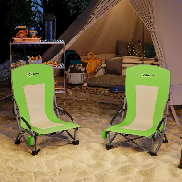 Outsunny Set of 2 Folding Beach Chair, Low Camping Chair with Mesh Back, Carry Bag and Cup Holder for Garden Outdoor Picnic Festival Travel, Green - 8