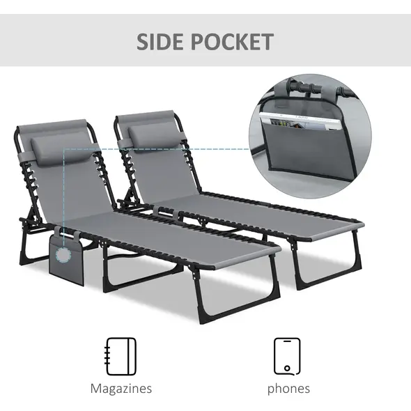 Outsunny Portable Sun Lounger Set of 2, Folding Camping Bed Cot, Reclining Lounge Chair 5-position Adjustable Backrest with Side Pocket, Pillow for Patio Garden Beach Pool, Grey - 7