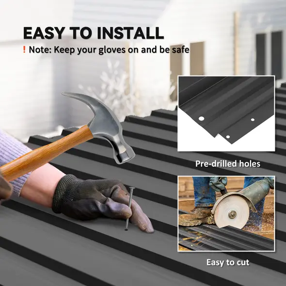 Outsunny Set of 12 Corrugated Steel Roof Sheet Panels - Black - 5