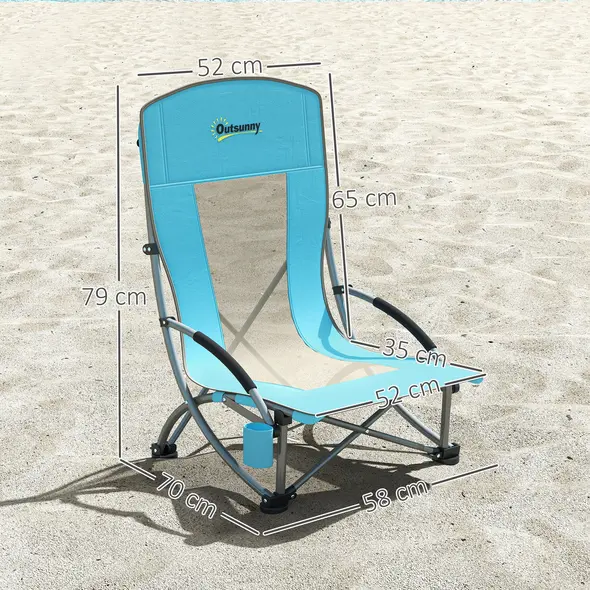 Outsunny Set of 2 Folding Beach Chair, Low Camping Chair with Mesh Back, Carry Bag and Cup Holder for Garden Outdoor Picnic Festival Travel, Blue - 3