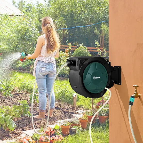 Outsunny Retractable Hose Reel Wall Mounted, 30+2m Garden Hose Pipe Reel with Lock, Auto Rewind, 7 in 1 Spray Nozzle, Includes Wall Fixings, 180° Swivel, Outdoor Watering, 59 x 23 x 42 cm, Green - 2
