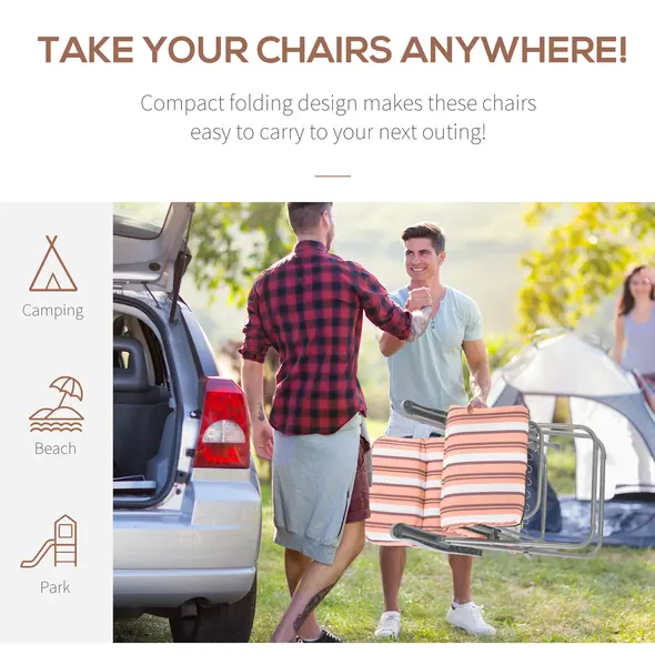 Outsunny Reclining Garden Chair Set of 2, 5-Level Adjustable Zero Gravity Chairs with Cushions, Folding Sun Lounger Garden Recliner Chairs with Armrests for Outdoor, Patio, Orange Stripe - 6