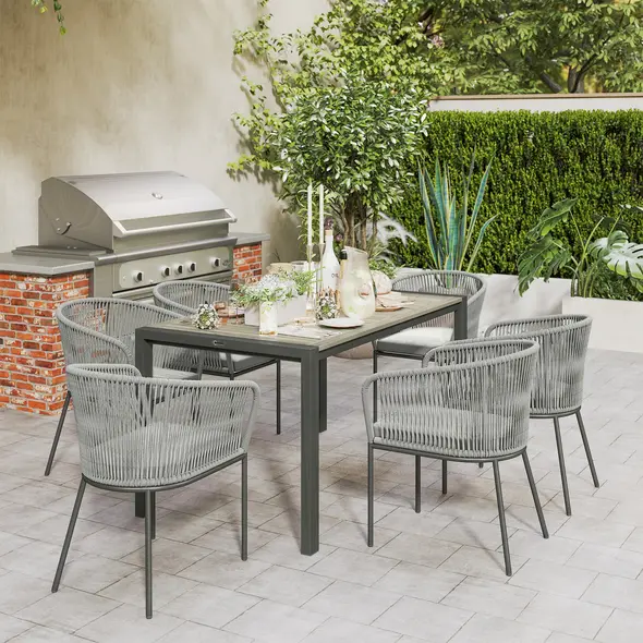 Outsunny Rattan Dining Set, 6 Seater Rattan Garden Furniture Set with Acacia Wood Top Rectangle Table, 6 Chairs, Washable Seat Cushions, for Outdoor, Patio, Conservatory, Grey - 8
