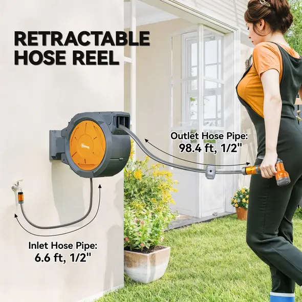 Outsunny Retractable Hose Reel Wall Mounted, 30+2m Garden Hose Pipe Reel with Lock, Auto Rewind, 7 in 1 Spray Nozzle, Includes Wall Fixings, 180° Swivel, Outdoor Watering, 59 x 23 x 42 cm, Orange - 4