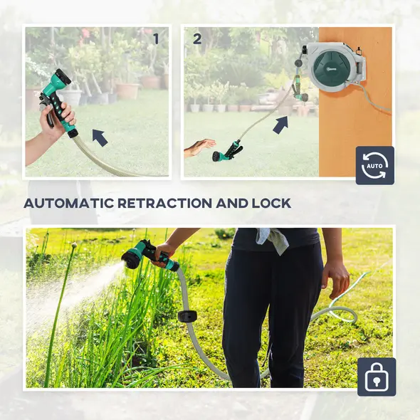 Outsunny Retractable Hose Reel Wall Mounted, 20+2m Garden Hose Pipe Reel with Lock, Auto Rewind, 7 in 1 Spray Nozzle, Includes Wall Fixings, 180° Swivel, Outdoor Watering, 48 x 20 x 42 cm, Light Grey - 6