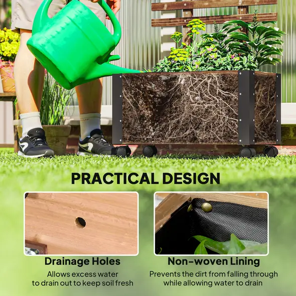 Outsunny Raised Garden Bed with Trellis, Outdoor Wooden Planter Box with Metal Corners and Wheels, Raised Bed for Garden - 7