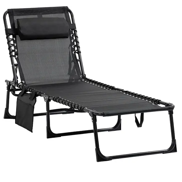 Outsunny Portable Sun Lounger, Folding Camping Bed Cot, Reclining Lounge Chair 5-position Adjustable Backrest with Side Pocket, Pillow for Patio Garden Beach Pool, Black - 1
