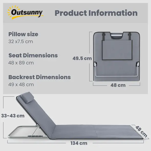 Outsunny Set of 2 Foldable Garden Beach Chair Mat Lightweight Outdoor Sun Lounger Seats Adjustable Back Metal Frame PE Fabric Head Pillow w/ Carry Bag,Grey - 3