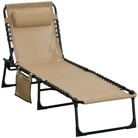 Outsunny Portable Sun Lounger, Folding Camping Bed Cot, Reclining Lounge Chair 5-position Adjustable Backrest with Side Pocket, Pillow for Patio Garden Beach Pool, Beige - 1