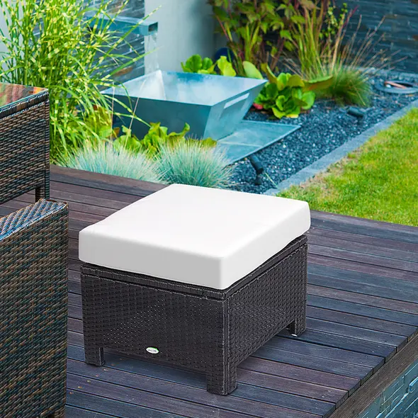 Outsunny Rattan Footstool Wicker Ottoman with Padded Seat Cushion Outdoor Patio Furniture for Garden Poolside Living Room, 50 x 50 x 35 cm, Black - 2