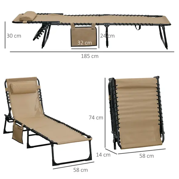 Outsunny Portable Sun Lounger Set of 2, Folding Camping Bed Cot, Reclining Lounge Chair 5-position Adjustable Backrest with Side Pocket, Pillow for Patio Garden Beach Pool, Beige - 3