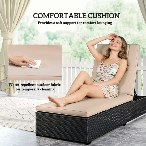 Outsunny Rattan Sun Lounger with 5-Level Reclining Back Side Tray and Cushion, Black - 6