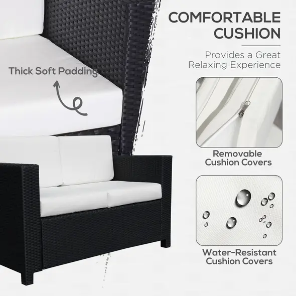 Outsunny Rattan Sofa, 2 Seater Garden Furniture with Soft Padded Cushion and Armrests, Wicker Garden Loveseat for Patio, Black - 5