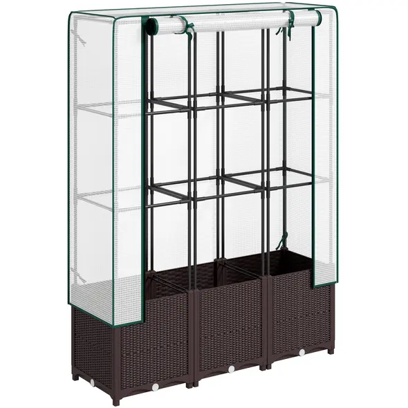 Outsunny Raised Garden Bed with Trellis, Plastic Planter Box with PE Cover, Drainage Holes, Drain Plugs and Water Reservoirs for Climbing Plants, Vegetables, Flowers, 120 x 40 x 140 cm - 1