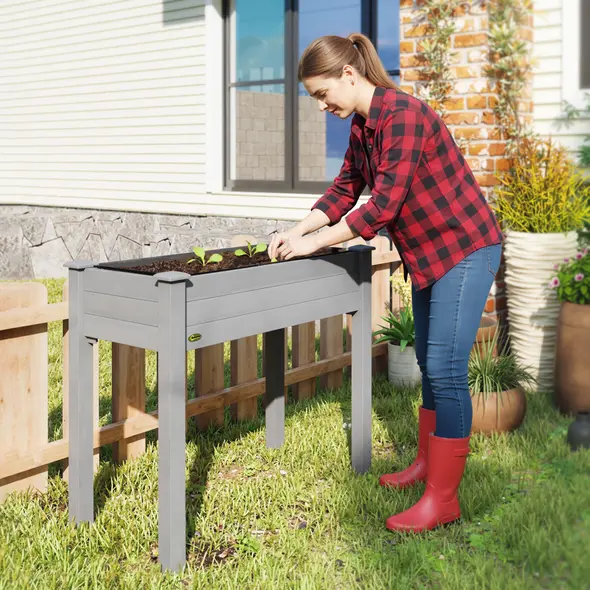 Outsunny Raised Bed for Garden, Wooden Elevated Planter Box with Bed Liner, for Flower Vegetable Herb, Dark Grey - 9