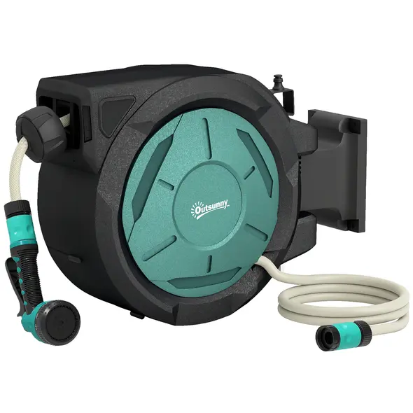 Outsunny Retractable Hose Reel Wall Mounted, 20+2m Garden Hose Pipe Reel with Lock, Auto Rewind, 7 in 1 Spray Nozzle, Includes Wall Fixings, 180° Swivel, Outdoor Watering, 59 x 20 x 39 cm, Black - 1