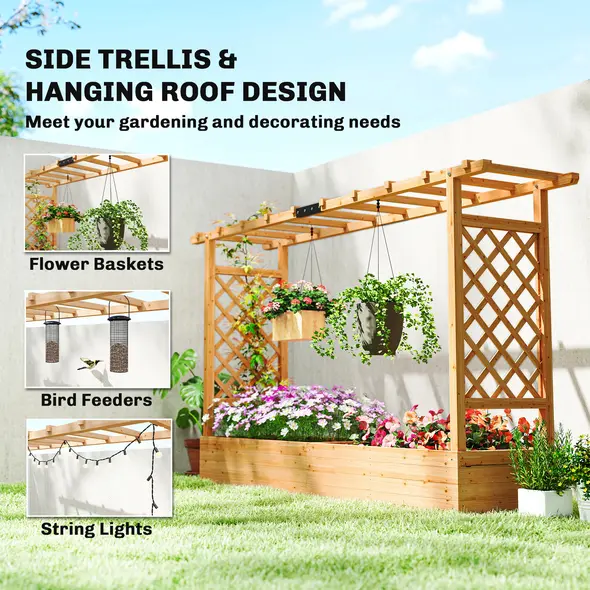 Outsunny Raised Planter with Trellis, Wooden Raised Bed for Garden with Hanging Roof and Drainage Holes, Outdoor Planter Box - 5