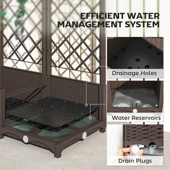 Outsunny Raised Garden Bed with Trellis, Plastic Planter Box with Drainage Holes, Drain Plugs and Water Reservoirs for Climbing Plants, Vegetables, Flowers, Brown - 6