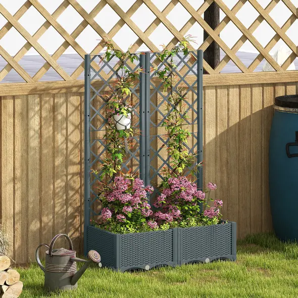 Outsunny Raised Garden Bed with Trellis, Plastic Planter Box with Drainage Holes, Drain Plugs and Water Reservoirs for Climbing Plants, Vegetables, Flowers, Grey - 8