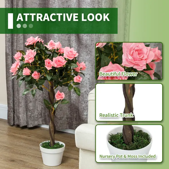 Outsunny Set of 2 Artificial Plants Pink Rose Floral in Pot, Fake Plants for Home Indoor Decor, 90cm - 5