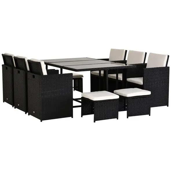 Outsunny Rattan Dining Set Garden Furniture Patio set 11 PC with Cushion Black /Milk White - 1