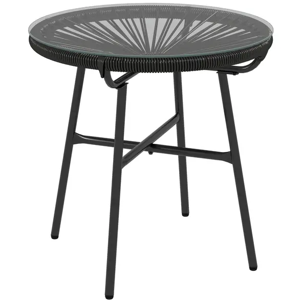 Outsunny Rattan Side Table, Round Outdoor Coffee Table, with Round PE Rattan and Tempered Glass Tabletop for Patio, Garden, Balcony, Black - 1