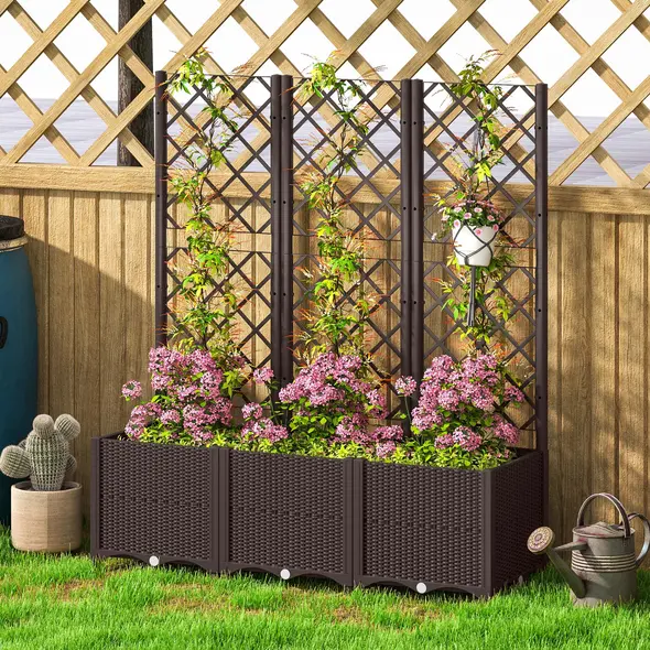 Outsunny Raised Garden Bed with Trellis, Plastic Planter Box with Drainage Holes, Drain Plugs and Water Reservoirs for Climbing Plants, Vegetables, Flowers, Brown - 8