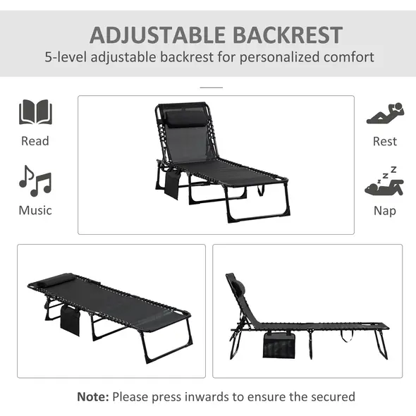 Outsunny Portable Sun Lounger Set of 2, Folding Camping Bed Cot, Reclining Lounge Chair 5-position Adjustable Backrest with Side Pocket, Pillow for Patio Garden Beach Pool, Black - 4