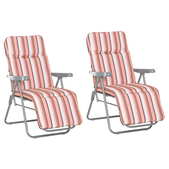 Outsunny Reclining Garden Chair Set of 2, 5-Level Adjustable Zero Gravity Chairs with Cushions, Folding Sun Lounger Garden Recliner Chairs with Armrests for Outdoor, Patio, Orange Stripe - 1