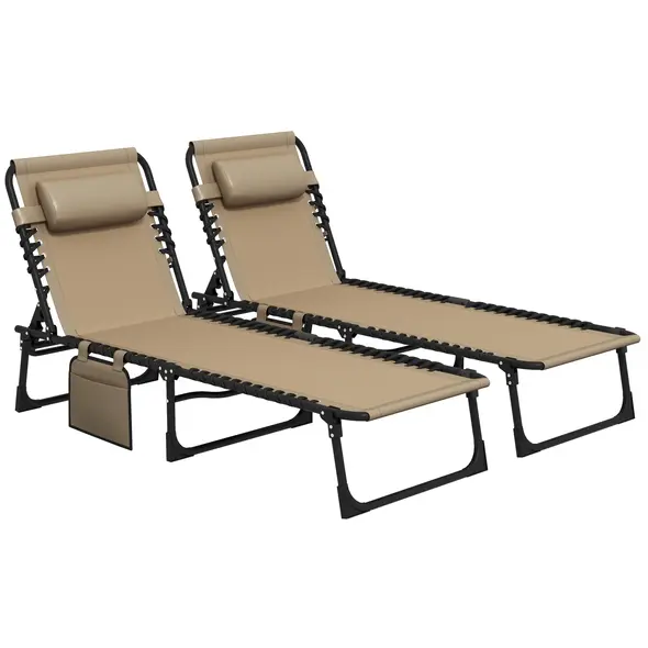 Outsunny Portable Sun Lounger Set of 2, Folding Camping Bed Cot, Reclining Lounge Chair 5-position Adjustable Backrest with Side Pocket, Pillow for Patio Garden Beach Pool, Beige - 1