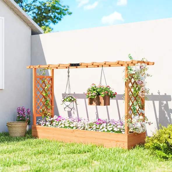 Outsunny Raised Planter with Trellis, Wooden Raised Bed for Garden with Hanging Roof and Drainage Holes, Outdoor Planter Box - 2