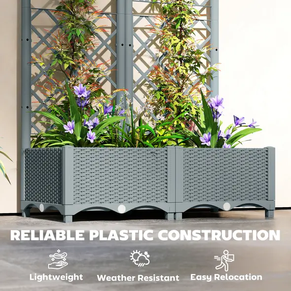 Outsunny Raised Garden Bed with Trellis, Plastic Planter Box with Drainage Holes, Drain Plugs and Water Reservoirs for Climbing Plants, Vegetables, Flowers, Grey - 5