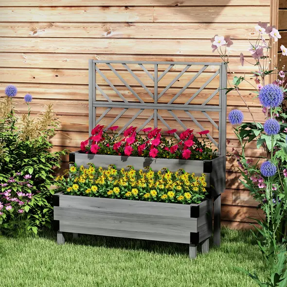 Outsunny Raised Garden Bed with Trellis, 2-Tier Wooden Elevated Planter Box  for Vegetables, Flowers, Herbs, Grey - 2