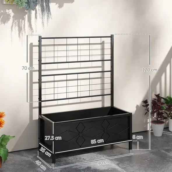 Outsunny Raised Bed for Garden with Trellis, Galvanised Planter Box with Diamond Pattern, Drainage Holes for Vegetables, Herbs and Flowers, 90 x 40 x 120 cm, Black - 3