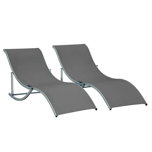 Outsunny Set of 2 S-shaped Foldable Lounge Chair Sun Lounger Reclining Outdoor Chair for Patio Beach Garden, Grey - 1