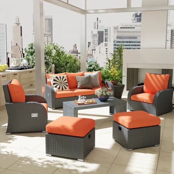 Outsunny Six-piece Outdoor Rattan Dining Set, Outdoor Sofa Set with Reclining Armchairs and Mental Frame, Orange - 2