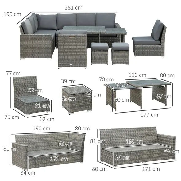 Outsunny Seven-Piece Rattan Garden Sofa Set, with Expanding Table - Grey - 3