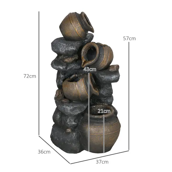 Outsunny Solar Powered Garden Water Feature with LED Lights and Pump, 4 Tier Cascading Water Fountain for Indoor/Outdoor, Jars Waterfall Ornament, 72cm Height - 3