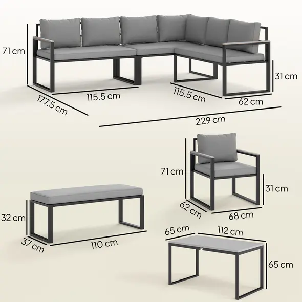 Outsunny Six Piece L Shaped Garden Furniture Set with 3 Loveseats - Grey - 3