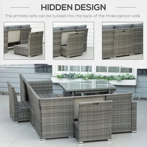 Outsunny Seven-Piece Rattan Garden Sofa Set, with Expanding Table - Grey - 5