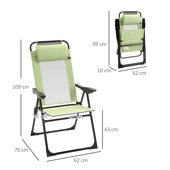 Outsunny Set of 2 Portable Folding Recliner Metal Outdoor Patio Chaise Lounge Chairs with Adjustable Backrest, Green - 3