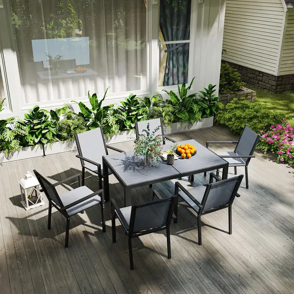 Outsunny Seven-Piece Garden Dining Set, with Plastic Wood-Top Table - Grey - 9