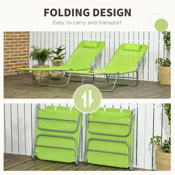 Outsunny Set of Two Steel Frame Sun Loungers, with Reclining Backs - Green - 5