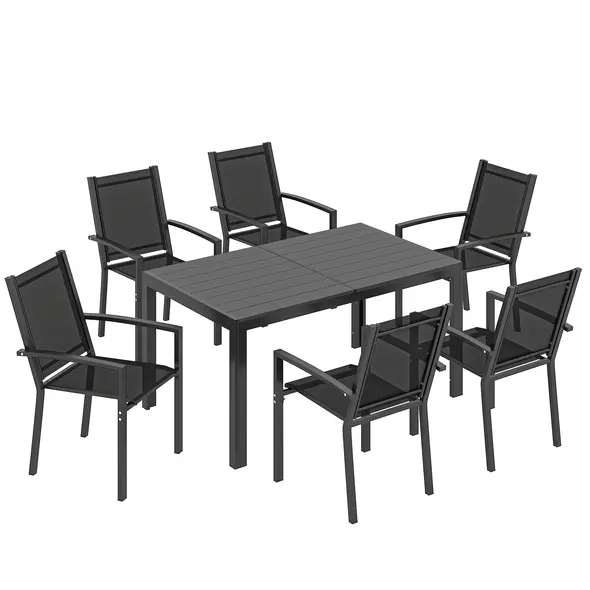 Outsunny Seven-Piece Garden Dining Set, with Plastic Wood-Top Table - Black - 1