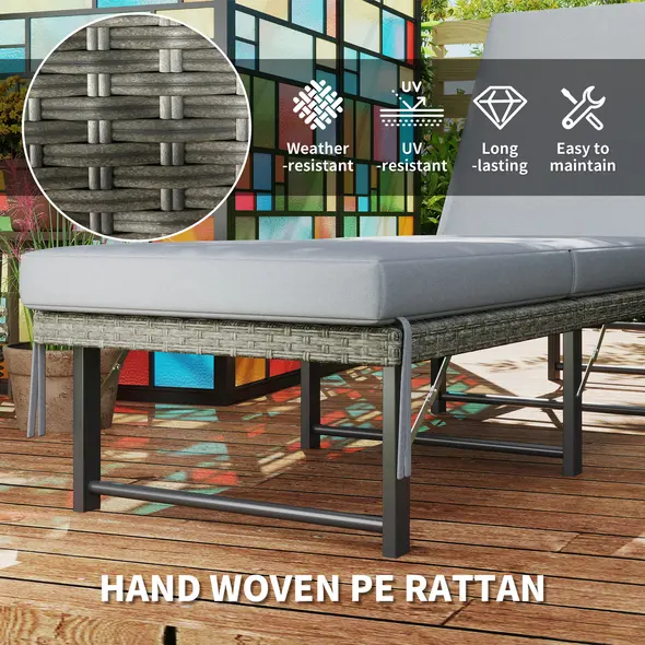 Outsunny Single Folding Rattan Sun Lounger, with Cushion - Grey - 6