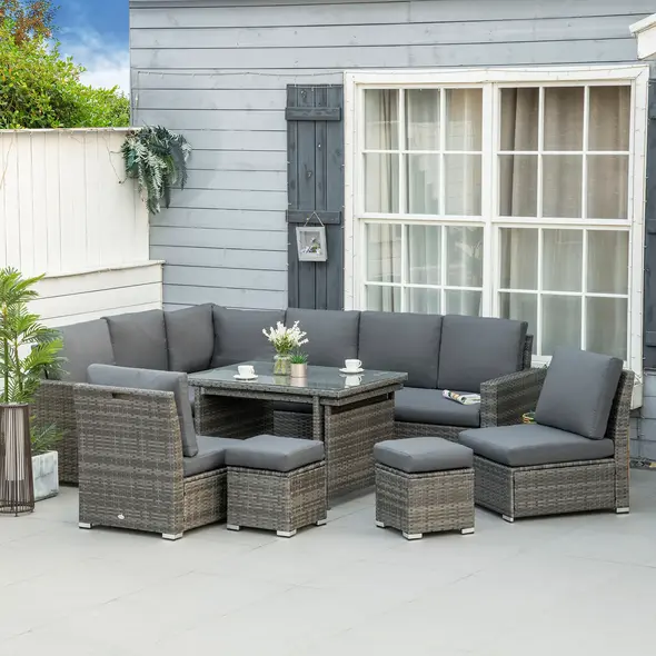 Outsunny Seven-Piece Rattan Garden Sofa Set, with Expanding Table - Grey - 2