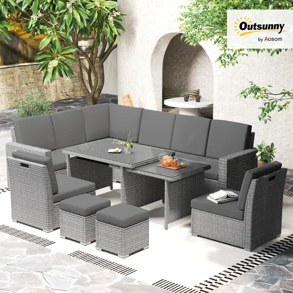 Outsunny Seven-Piece Rattan Garden Sofa Set, with Expanding Table - Light Grey - 2