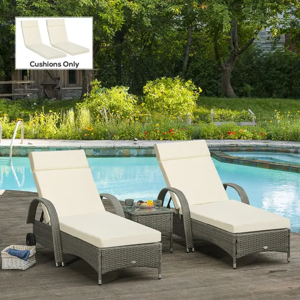 Outsunny Set of 2 Sun Lounger Cushions, Replacement Cushions for Rattan Furniture with Ties, 196 x 55 cm, Cushion ONLY, Cream White - 2